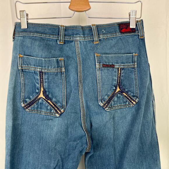 BRANDED LION VTG Hi Rise Flare Jeans Cord Trim Medium Wash Cotton Denim Blue - Picture 3 of 10